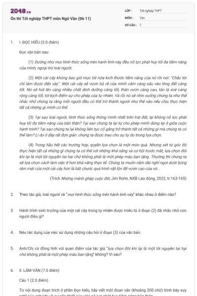 Ôn thi Tốt nghiệp THPT môn Ngữ Văn (Đề 11)