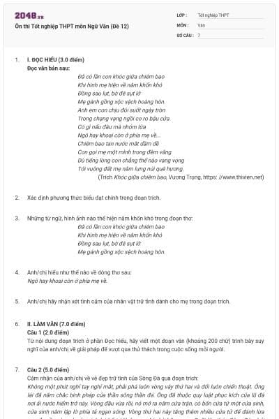 Ôn thi Tốt nghiệp THPT môn Ngữ Văn (Đề 12)