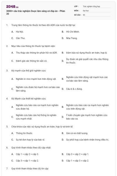 3000+ câu trắc nghiệm Dược lâm sàng có đáp án - Phần 30