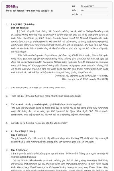 Ôn thi Tốt nghiệp THPT môn Ngữ Văn (Đề 18)