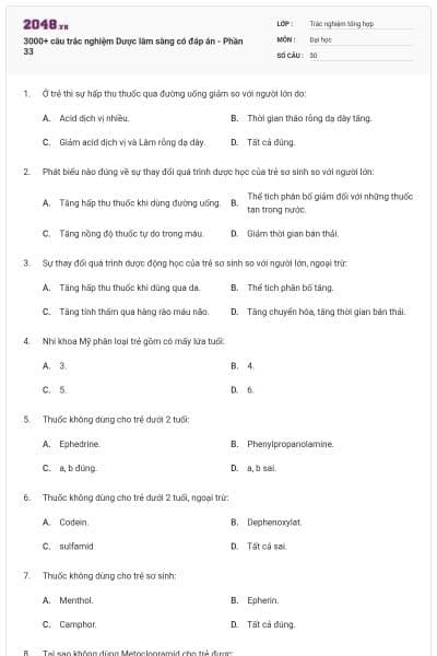 3000+ câu trắc nghiệm Dược lâm sàng có đáp án - Phần 33