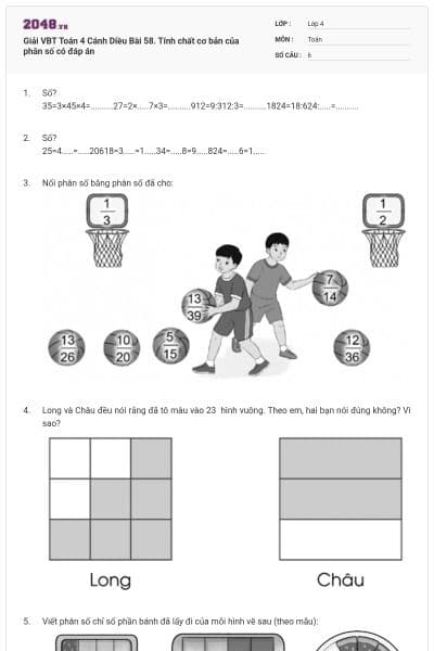 Giải VBT Toán 4 Cánh Diều Bài 58. Tính chất cơ bản của phân số có đáp án