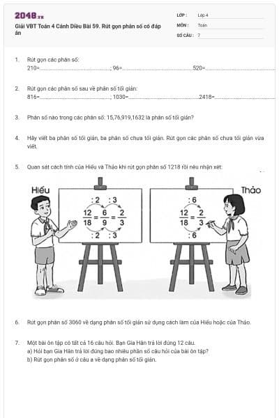 Giải VBT Toán 4 Cánh Diều Bài 59. Rút gọn phân số có đáp án