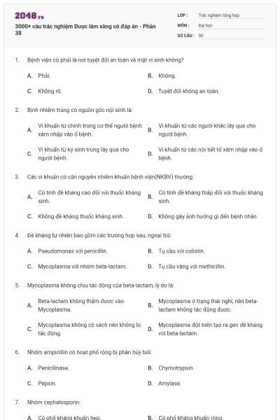 3000+ câu trắc nghiệm Dược lâm sàng có đáp án - Phần 38