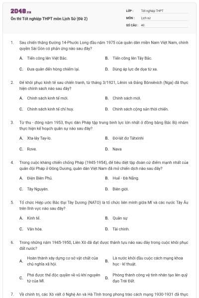 Ôn thi Tốt nghiệp THPT môn Lịch Sử (Đề 2)