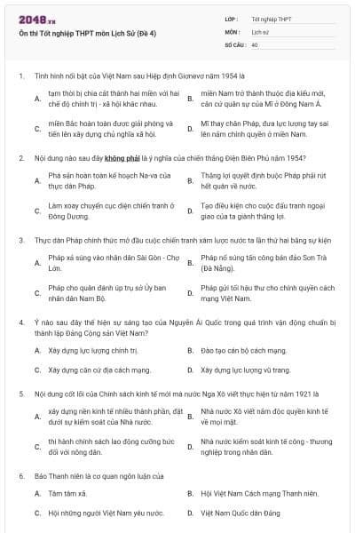 Ôn thi Tốt nghiệp THPT môn Lịch Sử (Đề 4)