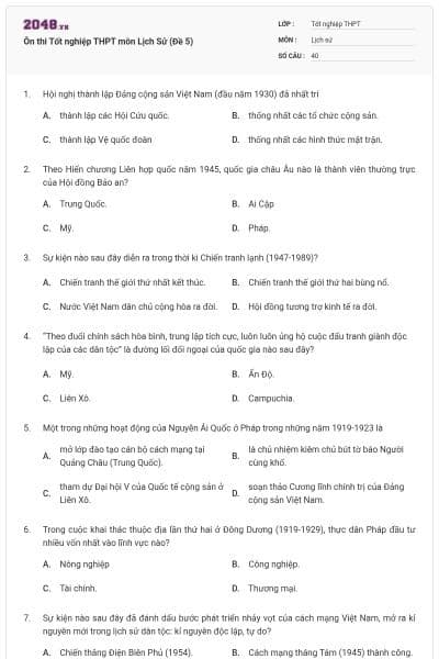 Ôn thi Tốt nghiệp THPT môn Lịch Sử (Đề 5)