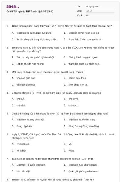 Ôn thi Tốt nghiệp THPT môn Lịch Sử (Đề 6)