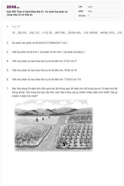 Giải VBT Toán 4 Cánh Diều Bài 61. So sánh hai phân số cùng mẫu số có đáp án