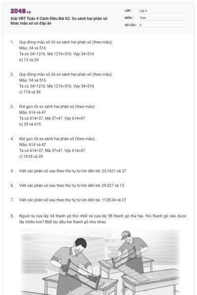 Giải VBT Toán 4 Cánh Diều Bài 62. So sánh hai phân số khác mẫu số có đáp án