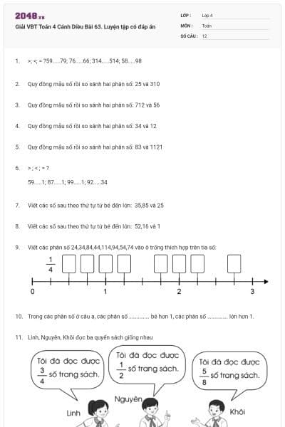 Giải VBT Toán 4 Cánh Diều Bài 63. Luyện tập có đáp án