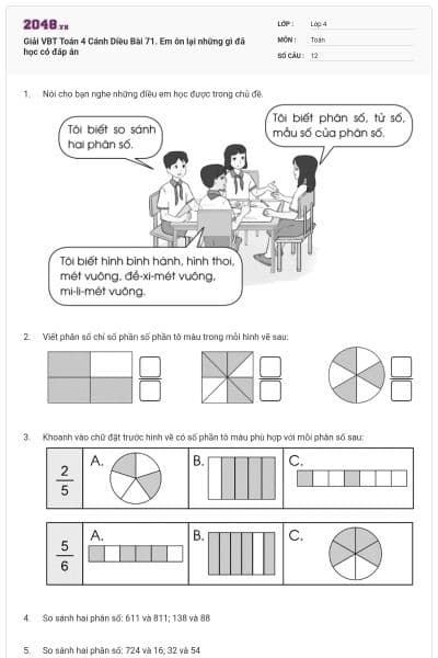 Giải VBT Toán 4 Cánh Diều Bài 71. Em ôn lại những gì đã học có đáp án