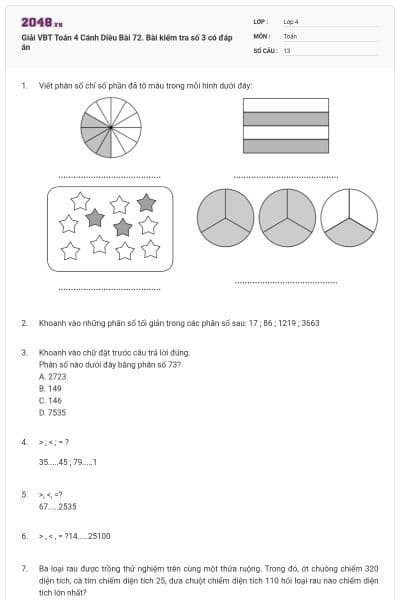 Giải VBT Toán 4 Cánh Diều Bài 72. Bài kiểm tra số 3 có đáp án