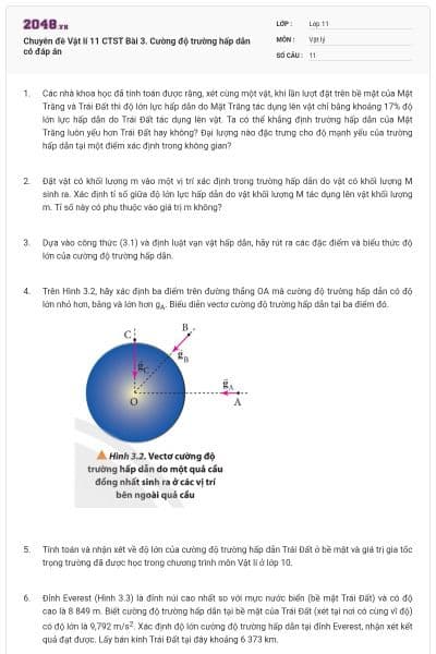 Chuyên đề Vật lí 11 CTST Bài 3. Cường độ trường hấp dẫn có đáp án