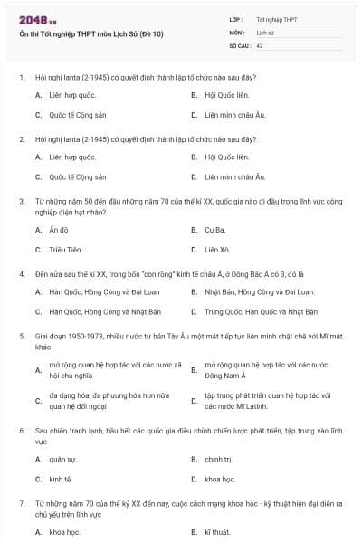 Ôn thi Tốt nghiệp THPT môn Lịch Sử (Đề 10)