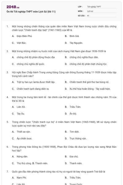 Ôn thi Tốt nghiệp THPT môn Lịch Sử (Đề 11)