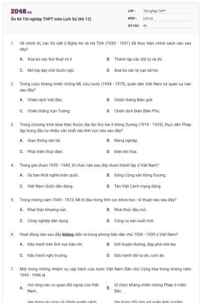 Ôn thi Tốt nghiệp THPT môn Lịch Sử (Đề 12)
