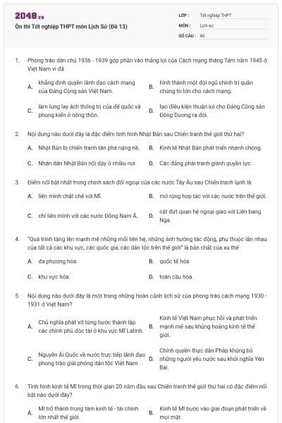 Ôn thi Tốt nghiệp THPT môn Lịch Sử (Đề 13)