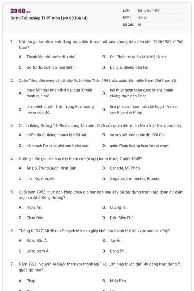 Ôn thi Tốt nghiệp THPT môn Lịch Sử (Đề 14)