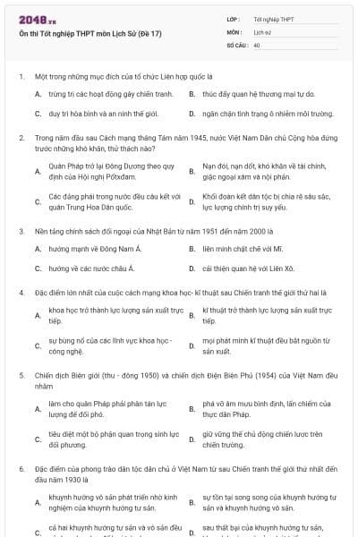 Ôn thi Tốt nghiệp THPT môn Lịch Sử (Đề 17)