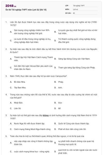 Ôn thi Tốt nghiệp THPT môn Lịch Sử (Đề 18)