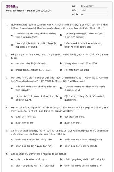 Ôn thi Tốt nghiệp THPT môn Lịch Sử (Đề 20)
