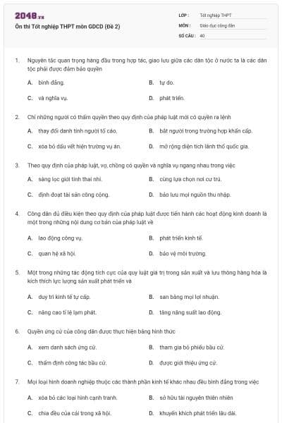 Ôn thi Tốt nghiệp THPT môn GDCD (Đề 2)