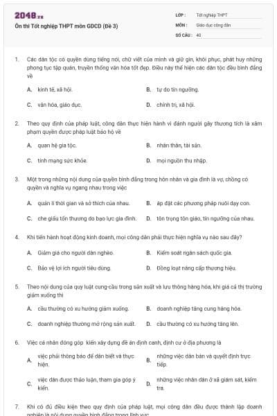 Ôn thi Tốt nghiệp THPT môn GDCD (Đề 3)