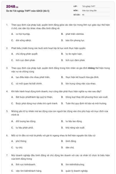 Ôn thi Tốt nghiệp THPT môn GDCD (Đề 5)