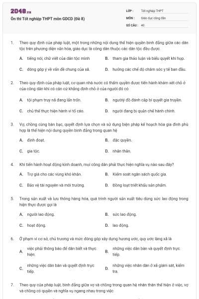 Ôn thi Tốt nghiệp THPT môn GDCD (Đề 8)
