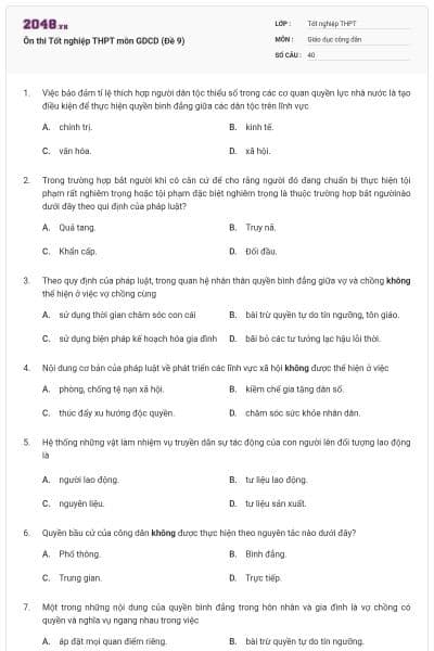 Ôn thi Tốt nghiệp THPT môn GDCD (Đề 9)