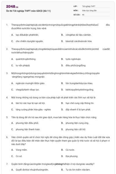 Ôn thi Tốt nghiệp THPT môn GDCD (Đề 11)