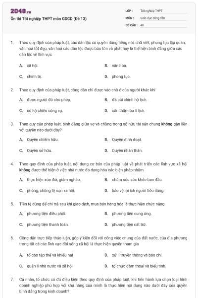 Ôn thi Tốt nghiệp THPT môn GDCD (Đề 13)