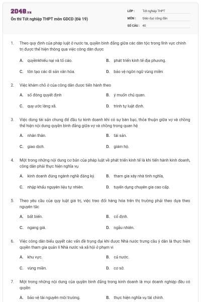 Ôn thi Tốt nghiệp THPT môn GDCD (Đề 19)