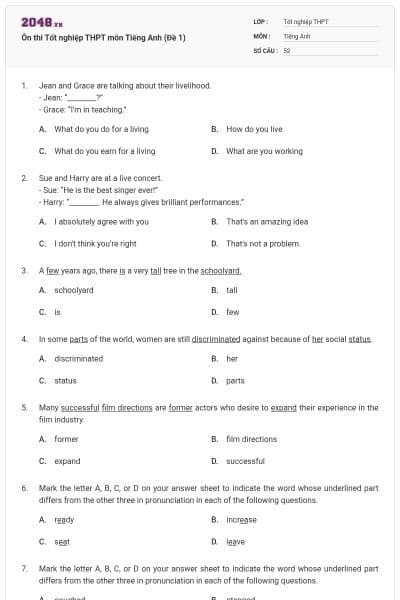 Ôn thi Tốt nghiệp THPT môn Tiếng Anh (Đề 1)