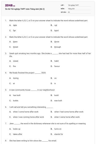 Ôn thi Tốt nghiệp THPT môn Tiếng Anh (Đề 2)