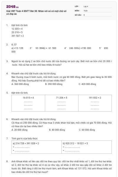 Giải VBT Toán 4 KNTT Bài 38: Nhân với số có một chữ số có đáp án