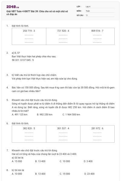 Giải VBT Toán 4 KNTT Bài 39: Chia cho số có một chữ số có đáp án