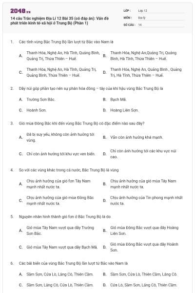 14 câu Trắc nghiệm Địa Lí 12 Bài 35 (có đáp án): Vấn đề phát triển kinh tế-xã hội ở Trung Bộ (Phần 1)