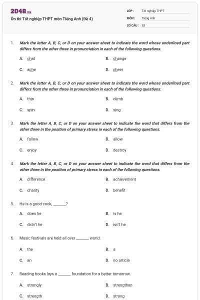 Ôn thi Tốt nghiệp THPT môn Tiếng Anh (Đề 4)