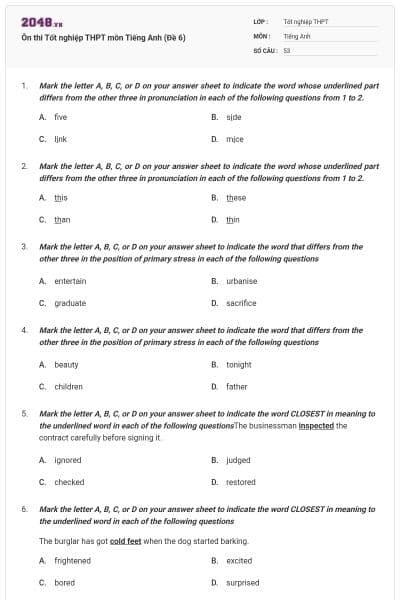 Ôn thi Tốt nghiệp THPT môn Tiếng Anh (Đề 6)