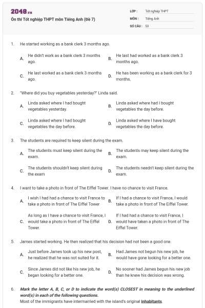 Ôn thi Tốt nghiệp THPT môn Tiếng Anh (Đề 7)