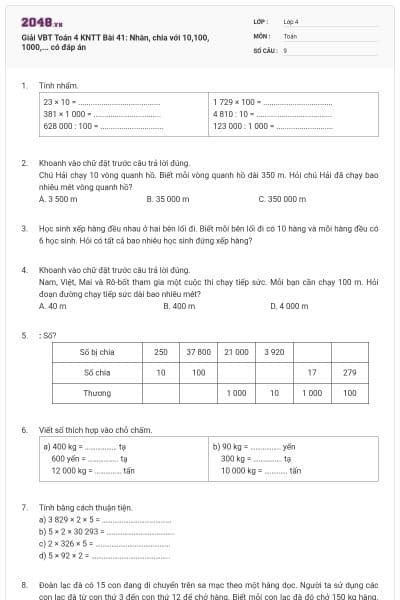 Giải VBT Toán 4 KNTT Bài 41: Nhân, chia với 10,100, 1000,... có đáp án