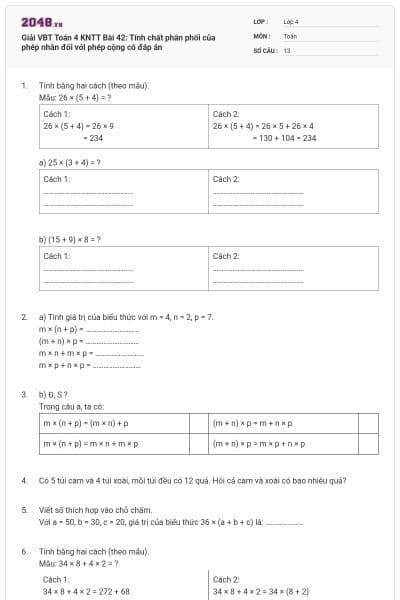 Giải VBT Toán 4 KNTT Bài 42: Tính chất phân phối của phép nhân đối với phép cộng có đáp án