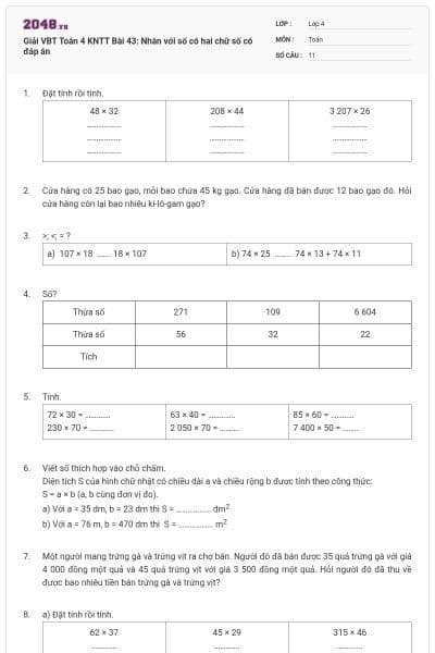 Giải VBT Toán 4 KNTT Bài 43: Nhân với số có hai chữ số có đáp án