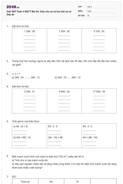 Giải VBT Toán 4 KNTT Bài 44: Chia cho số có hai chữ số có đáp án