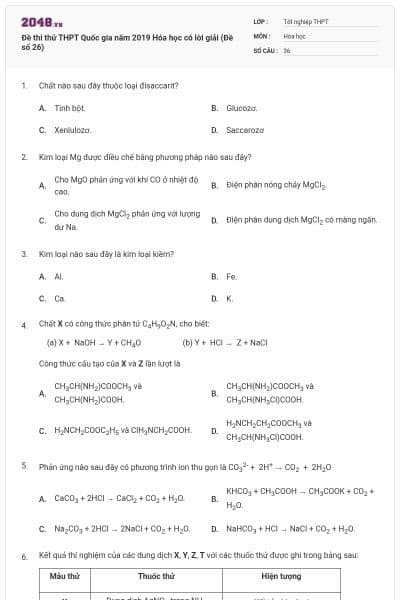 Đề thi thử THPT Quốc gia năm 2019 Hóa học có lời giải (Đề số 26)