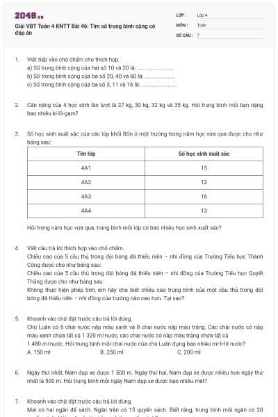 Giải VBT Toán 4 KNTT Bài 46: Tìm số trung bình cộng có đáp án