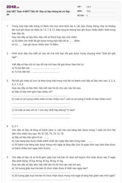Giải VBT Toán 4 KNTT Bài 49: Dãy số liệu thống kê có đáp án
