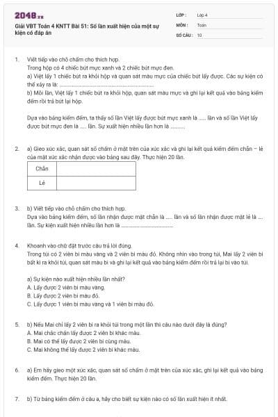 Giải VBT Toán 4 KNTT Bài 51: Số lần xuất hiện của một sự kiện có đáp án